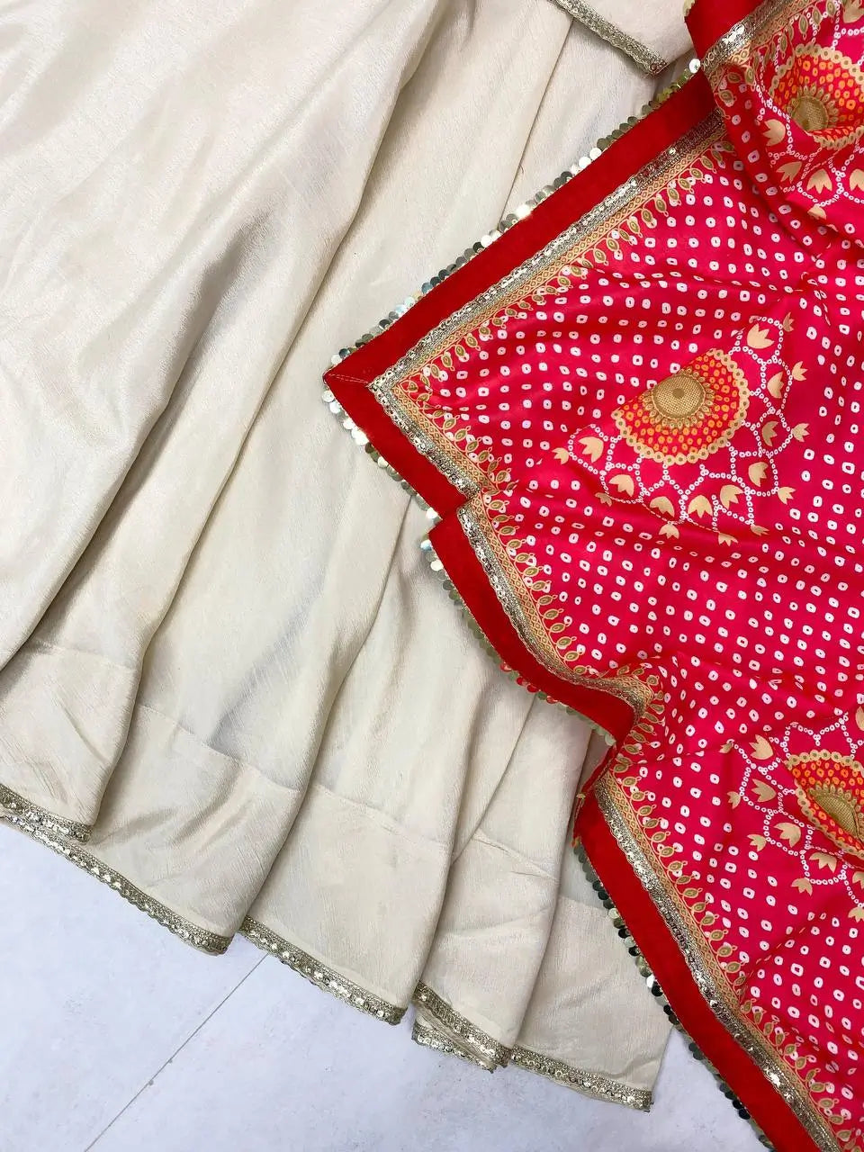 Ivory Chinon Kurti Pant Set with Printed Dupatta