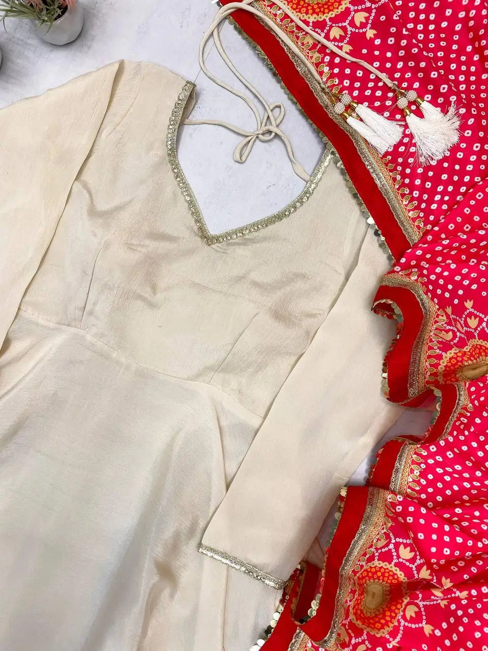 Ivory Chinon Kurti Pant Set with Printed Dupatta