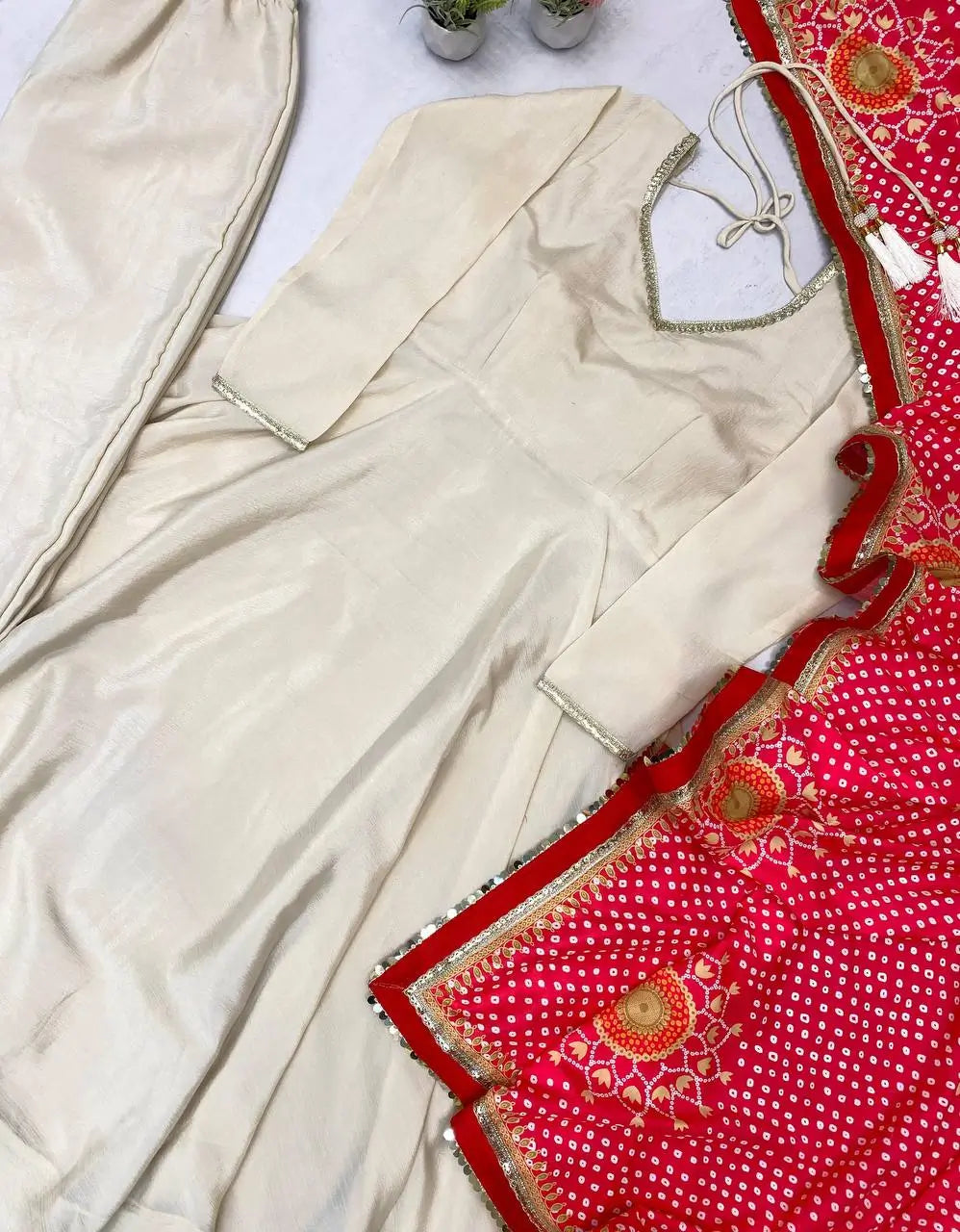 Ivory Chinon Kurti Pant Set with Printed Dupatta