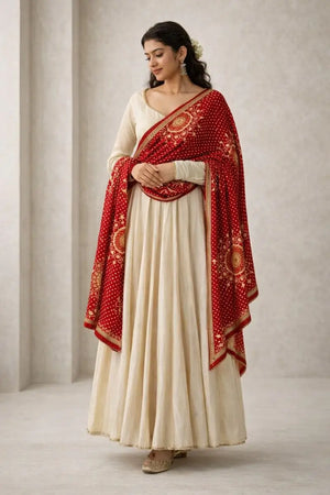 Ivory Chinon Kurti Pant Set with Printed Dupatta