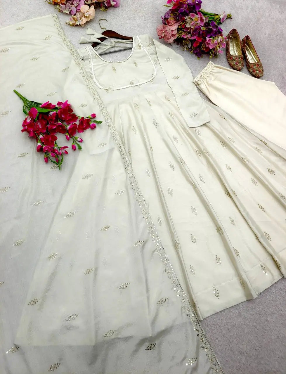 Ivory Chinon Silk Embroidered Anarkali Suit with Dupatta
