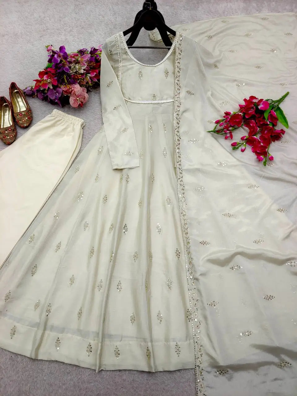 Ivory Chinon Silk Embroidered Anarkali Suit with Dupatta
