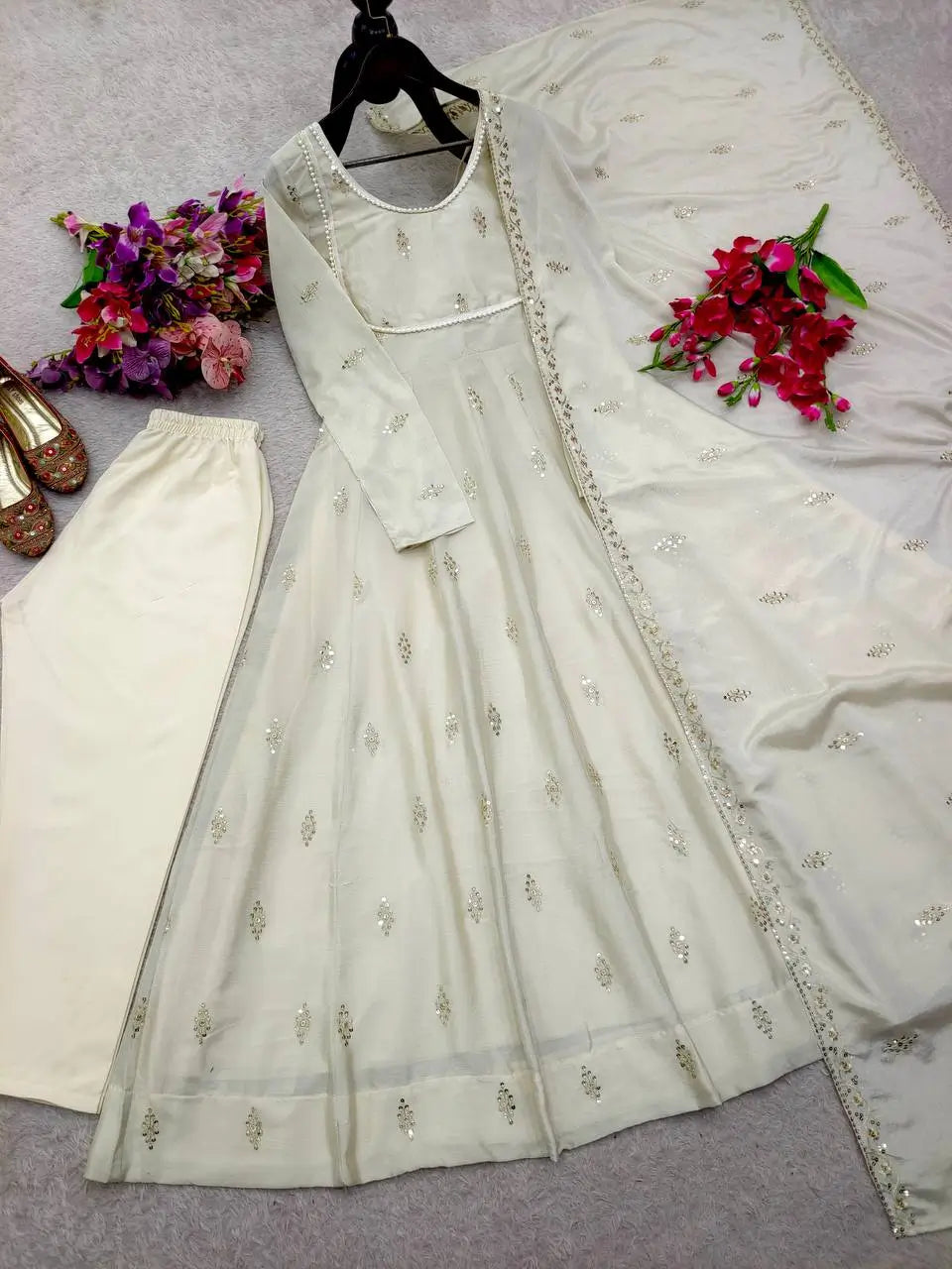 Ivory Chinon Silk Embroidered Anarkali Suit with Dupatta