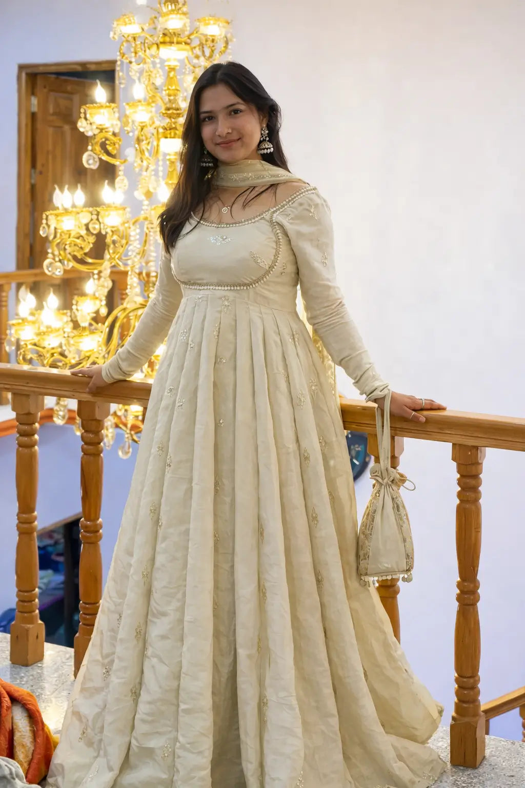 Ivory Chinon Silk Embroidered Anarkali Suit with Dupatta
