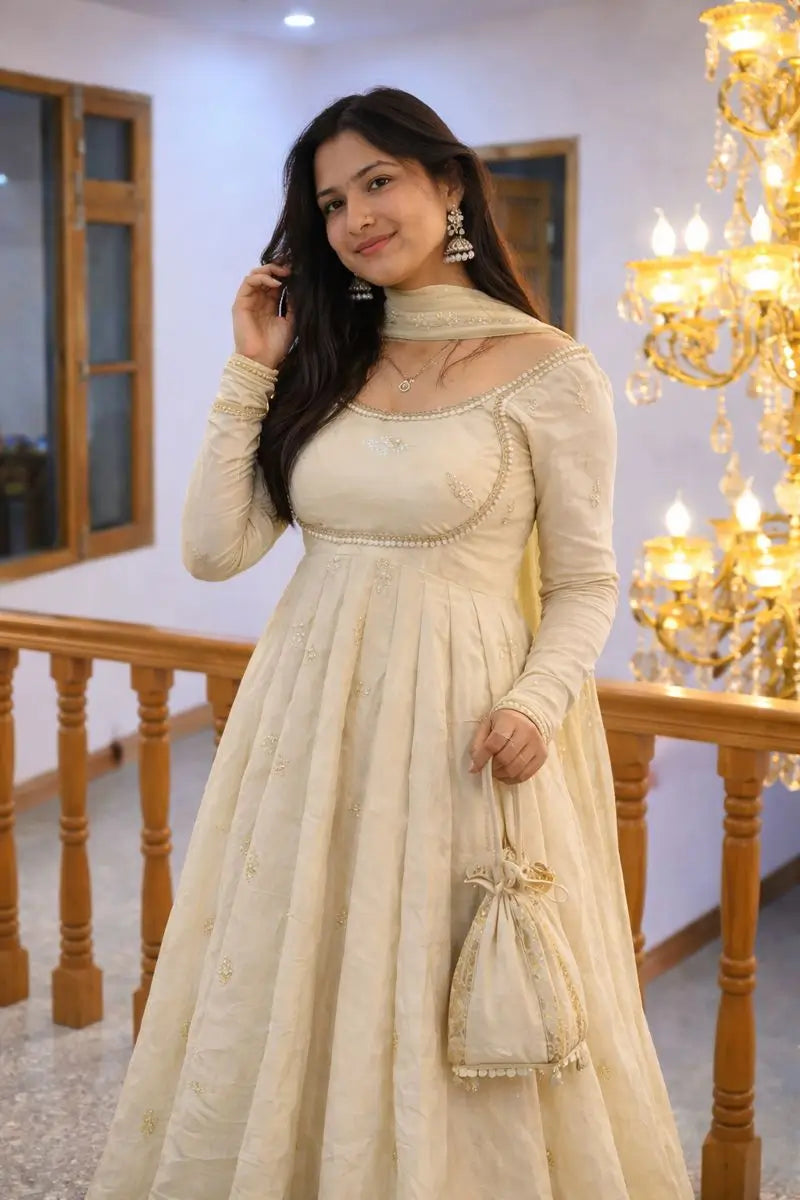 Ivory Chinon Silk Embroidered Anarkali Suit with Dupatta