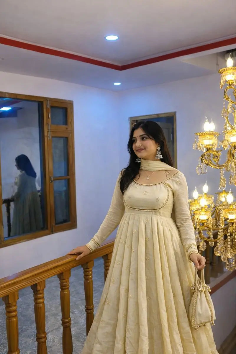 Ivory Chinon Silk Embroidered Anarkali Suit with Dupatta
