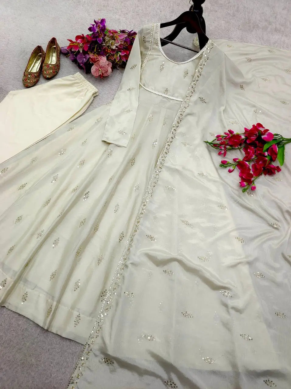 Ivory Chinon Silk Embroidered Anarkali Suit with Dupatta