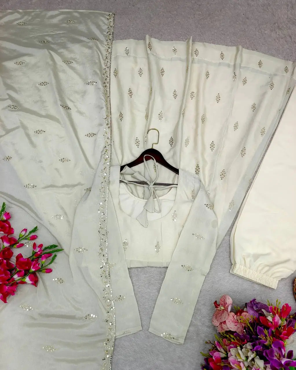Ivory Chinon Silk Embroidered Anarkali Suit with Dupatta
