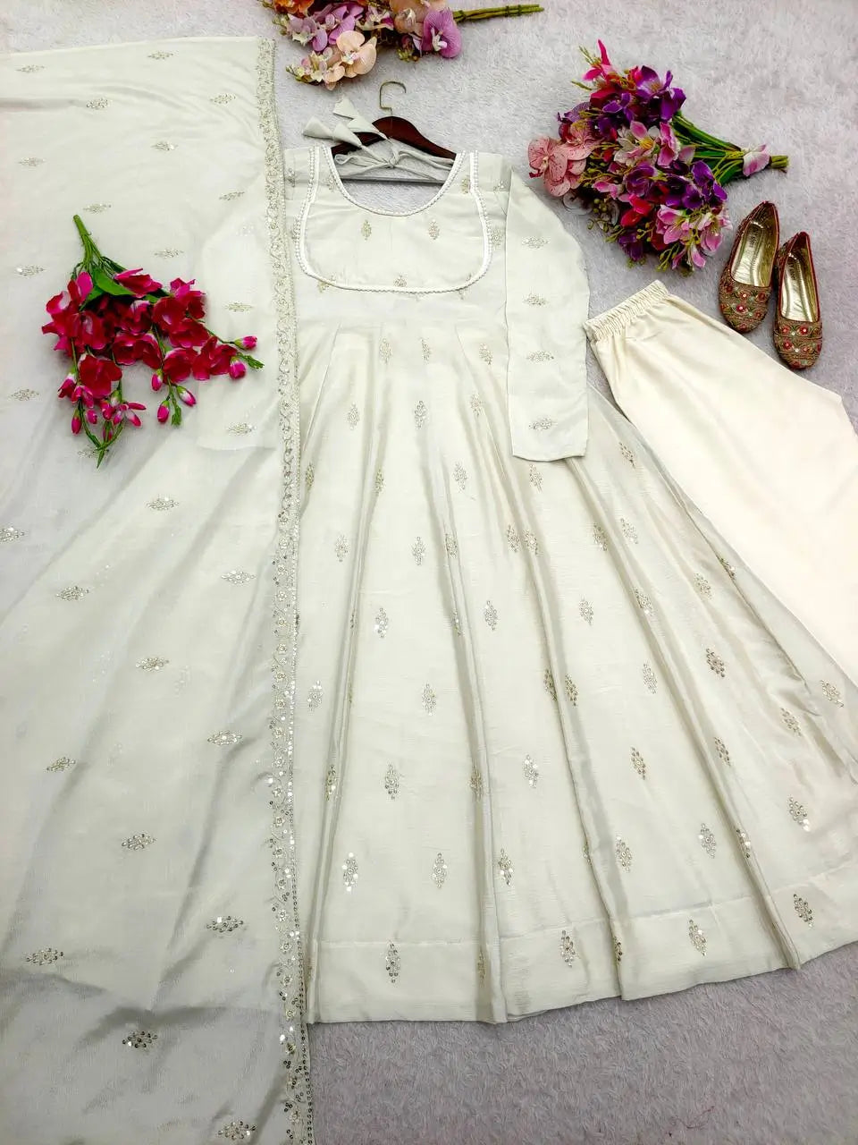Ivory Chinon Silk Embroidered Anarkali Suit with Dupatta
