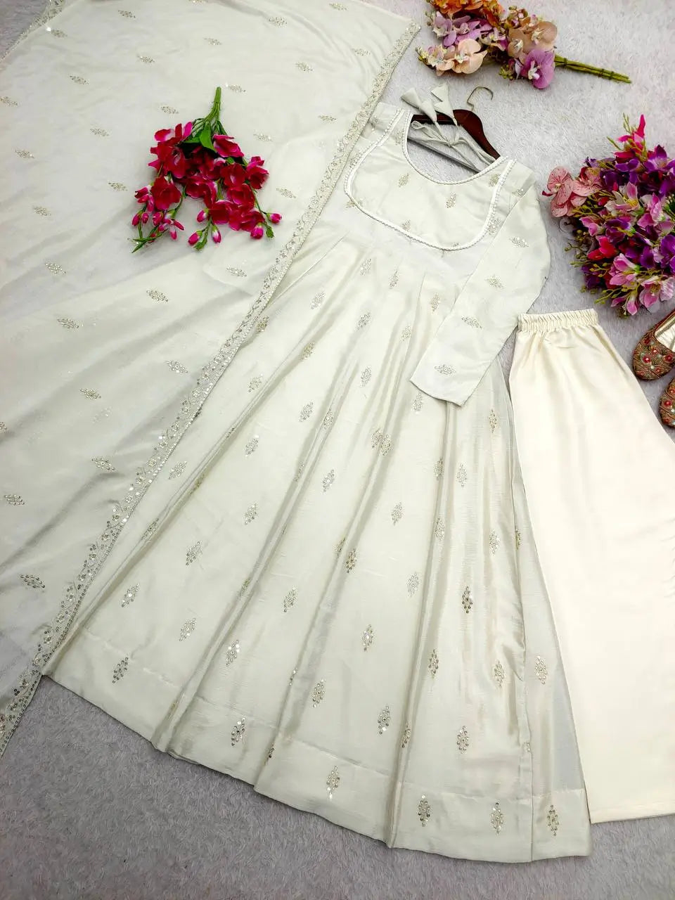 Ivory Chinon Silk Embroidered Anarkali Suit with Dupatta