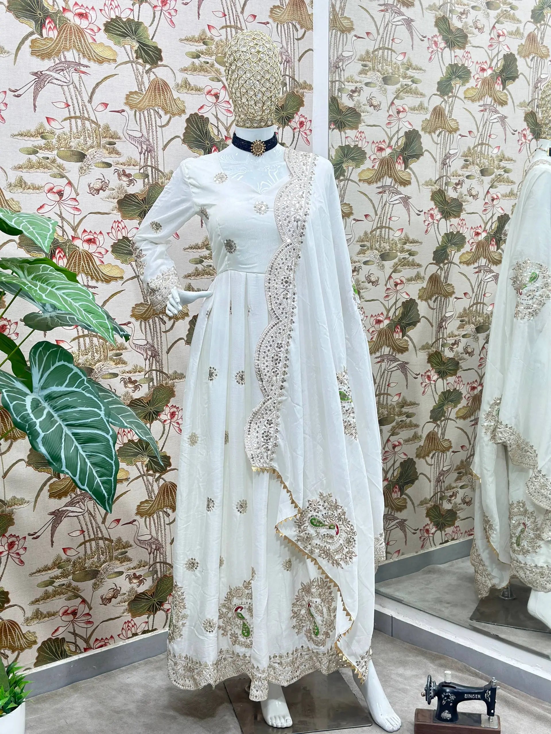 Ivory Chinon Silk Embroidered Festive Gown Set