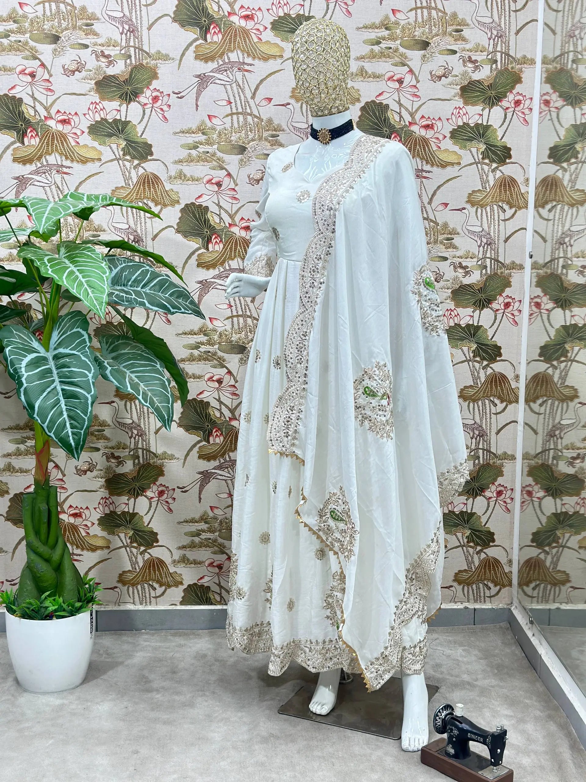 Ivory Chinon Silk Embroidered Festive Gown Set