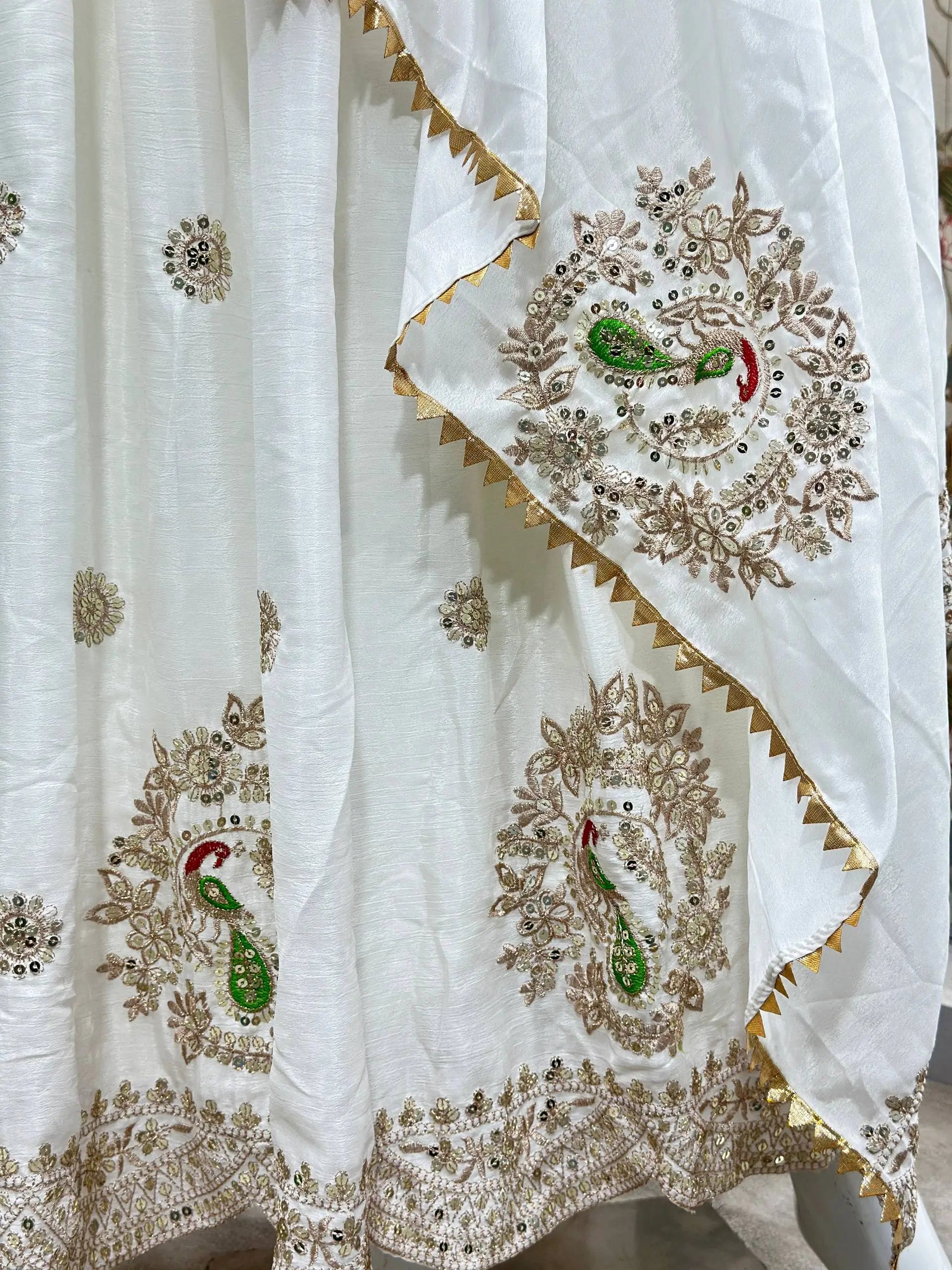 Ivory Chinon Silk Embroidered Festive Gown Set