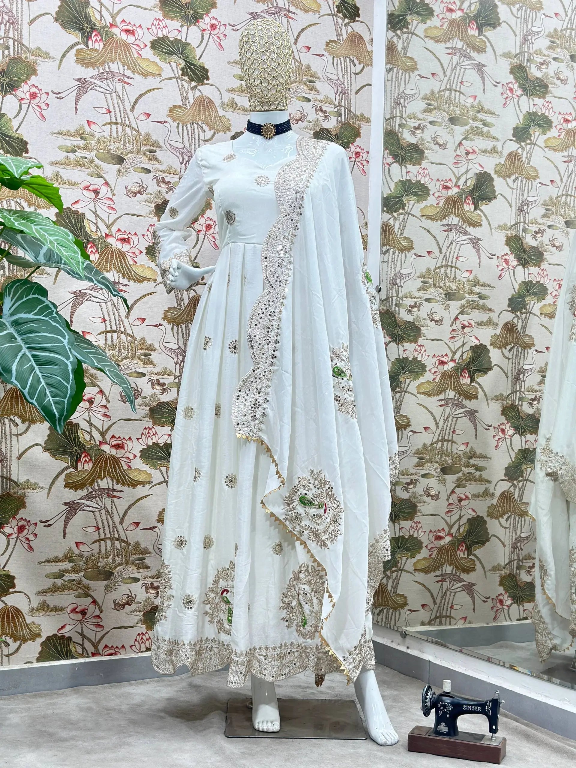 Ivory Chinon Silk Embroidered Festive Gown Set