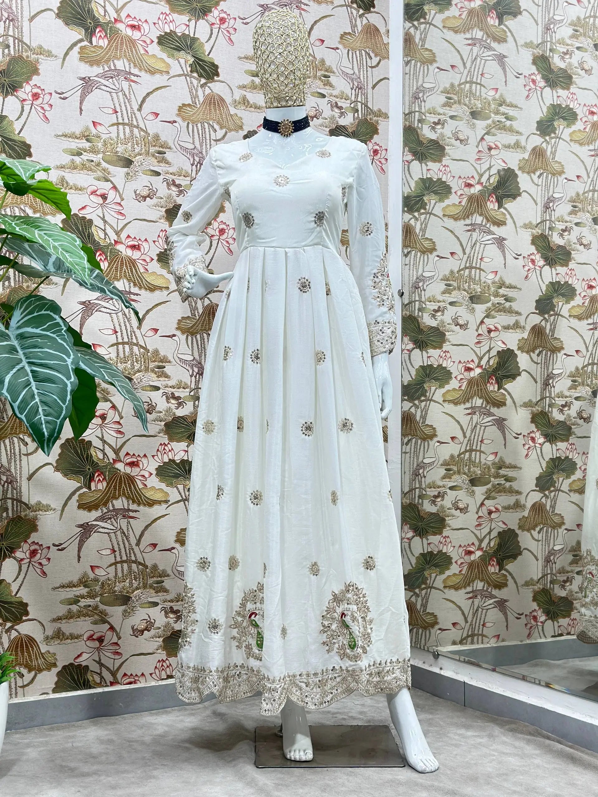 Ivory Chinon Silk Embroidered Festive Gown Set
