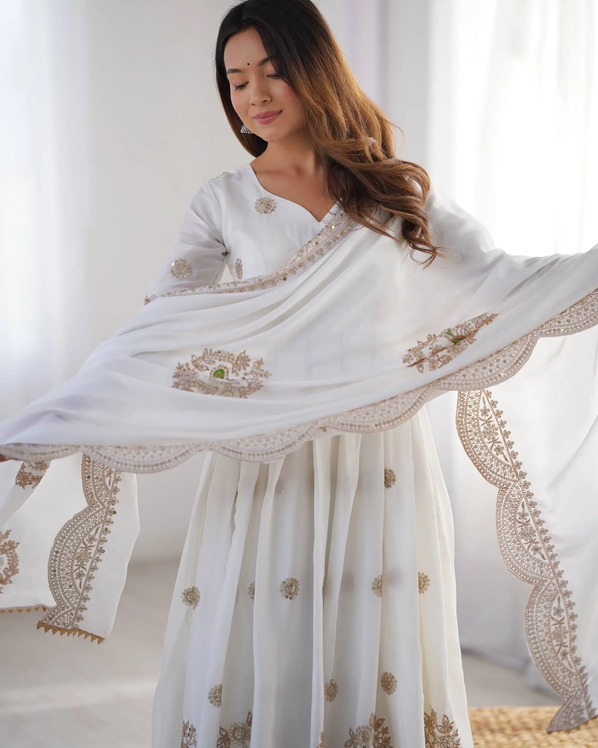 Ivory Chinon Silk Embroidered Festive Gown Set