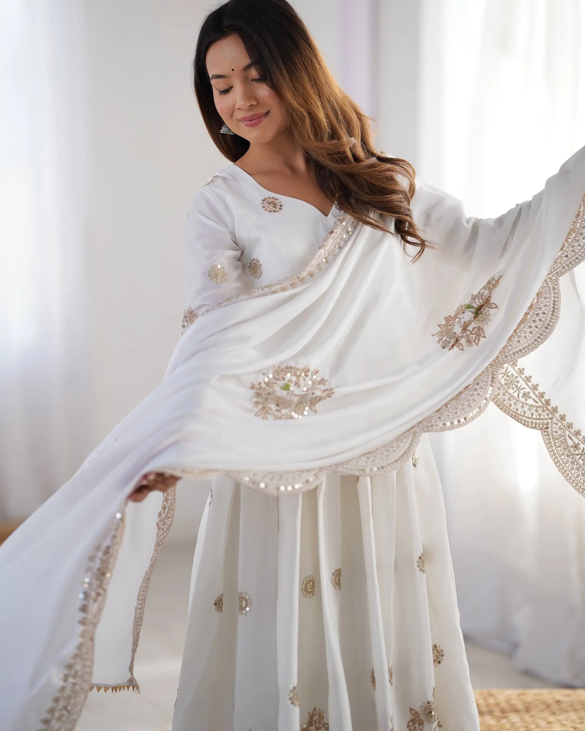 Ivory Chinon Silk Embroidered Festive Gown Set