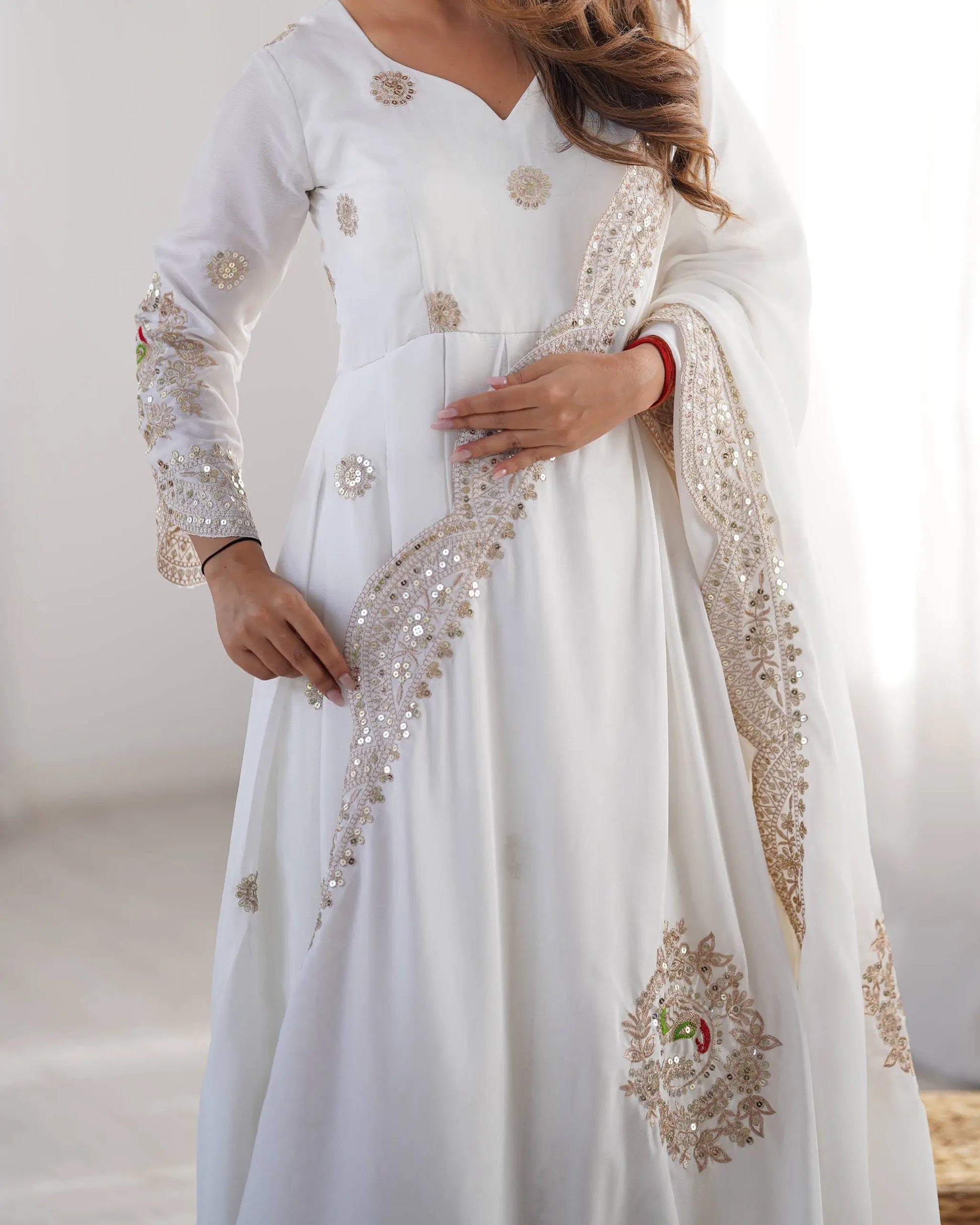 Ivory Chinon Silk Embroidered Festive Gown Set
