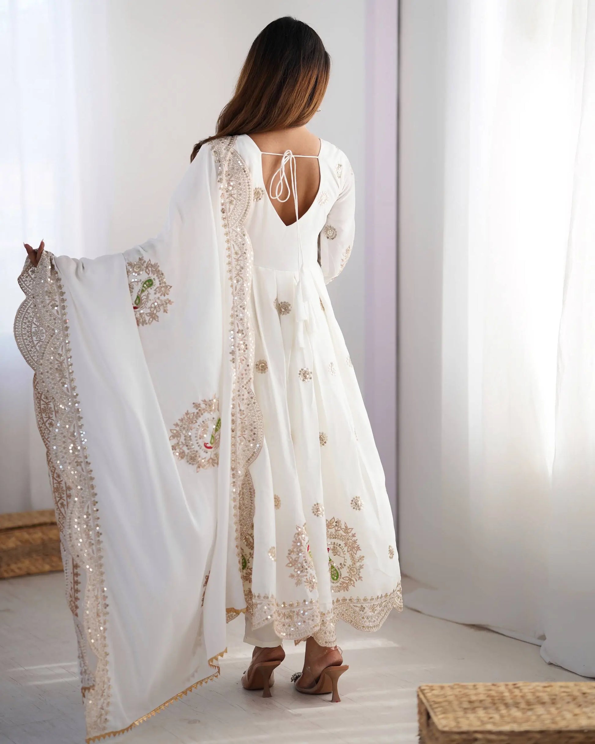 Ivory Chinon Silk Embroidered Festive Gown Set