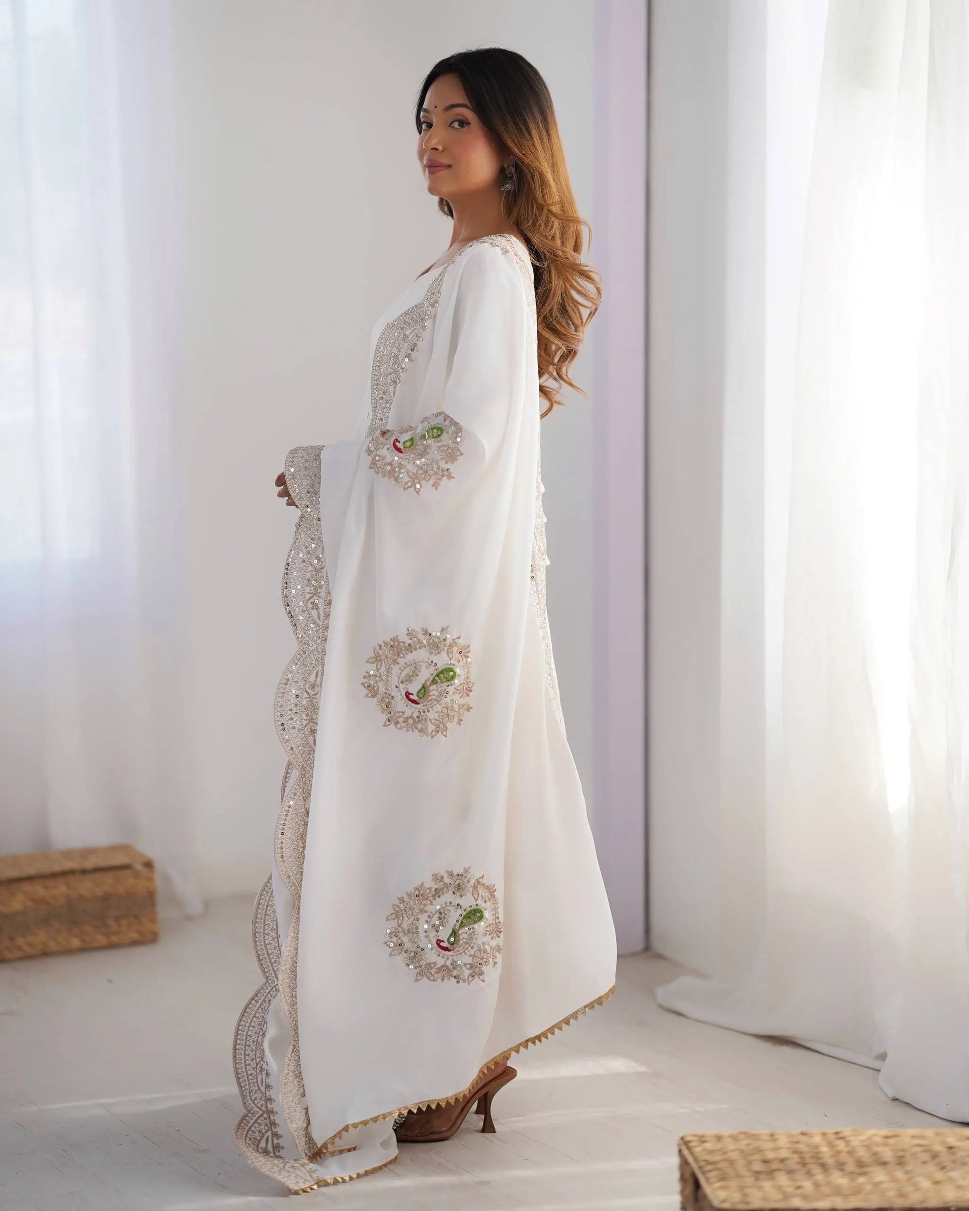 Ivory Chinon Silk Embroidered Festive Gown Set