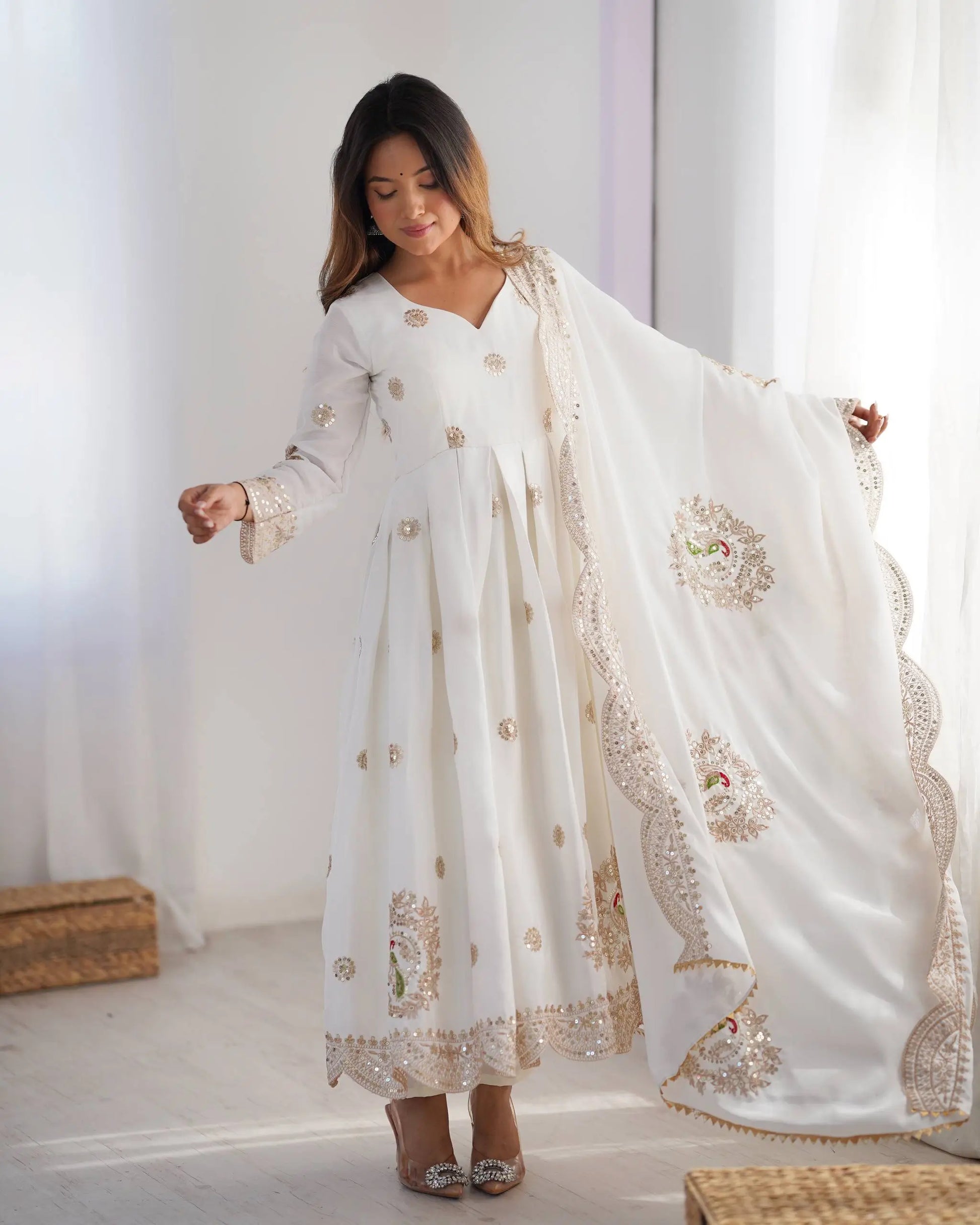 Ivory Chinon Silk Embroidered Festive Gown Set