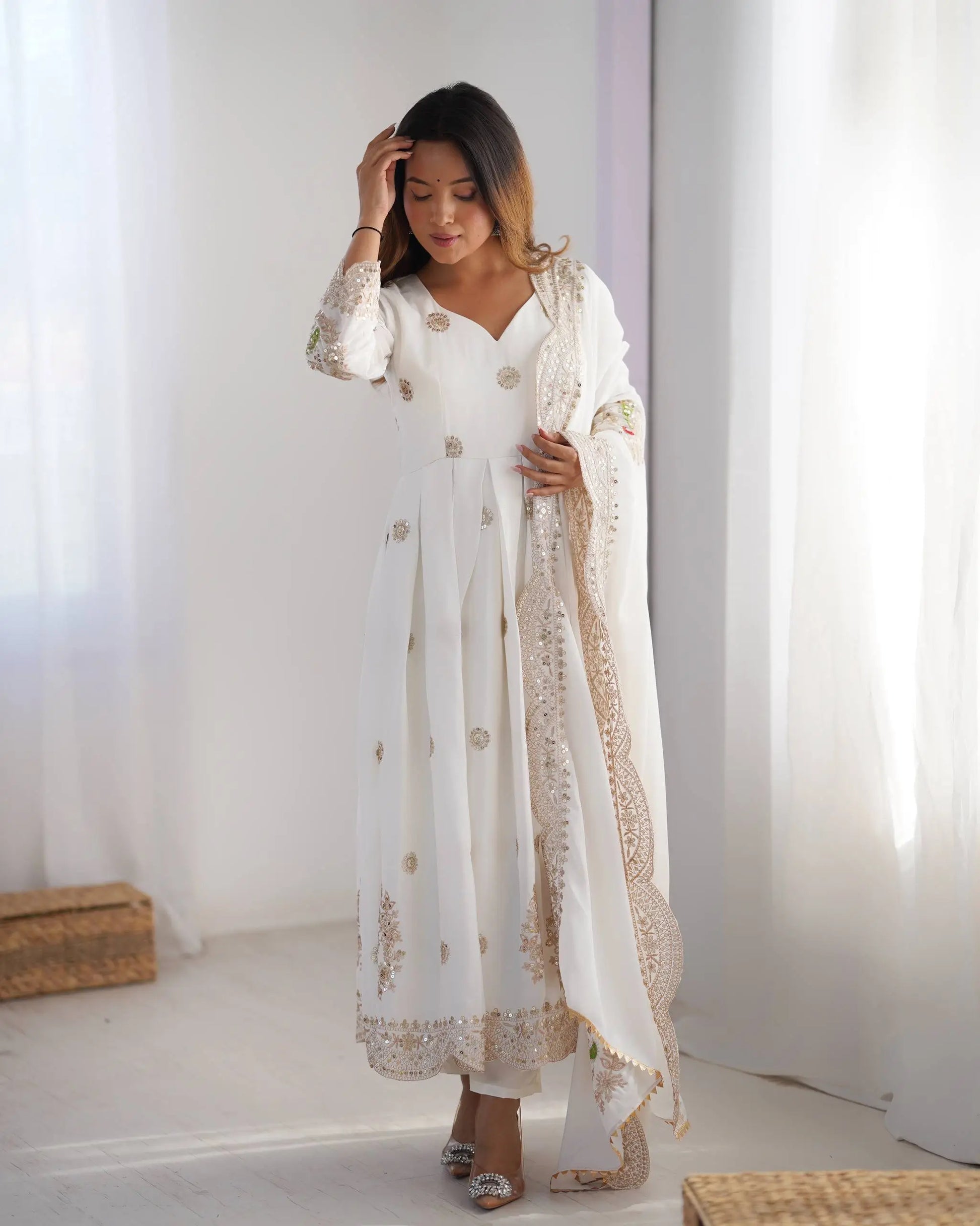 Ivory Chinon Silk Embroidered Festive Gown Set