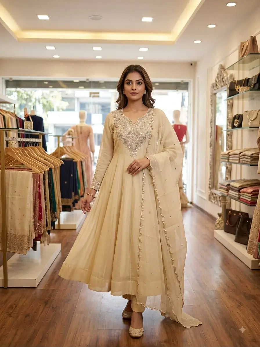 Ivory Cording Sequin Anarkali Set
