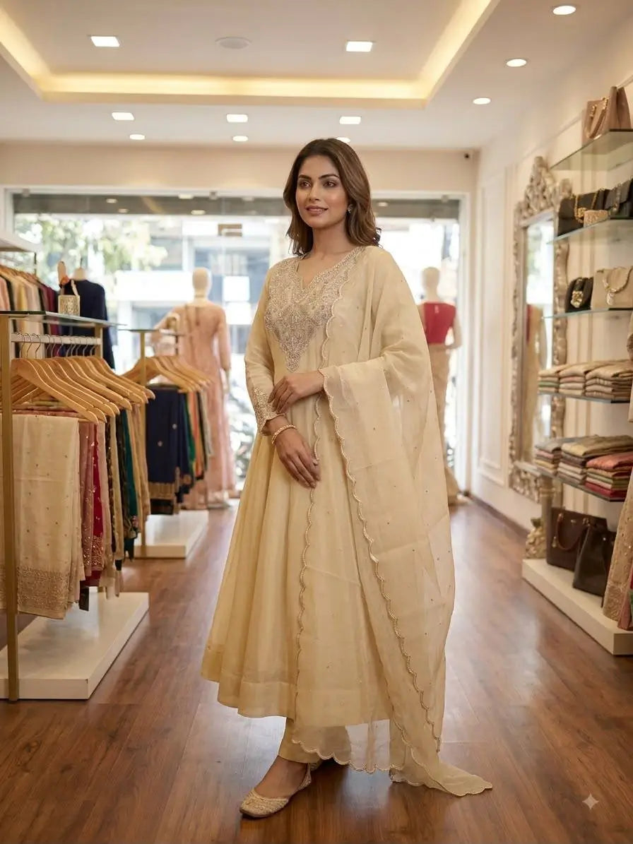 Ivory Cording Sequin Anarkali Set