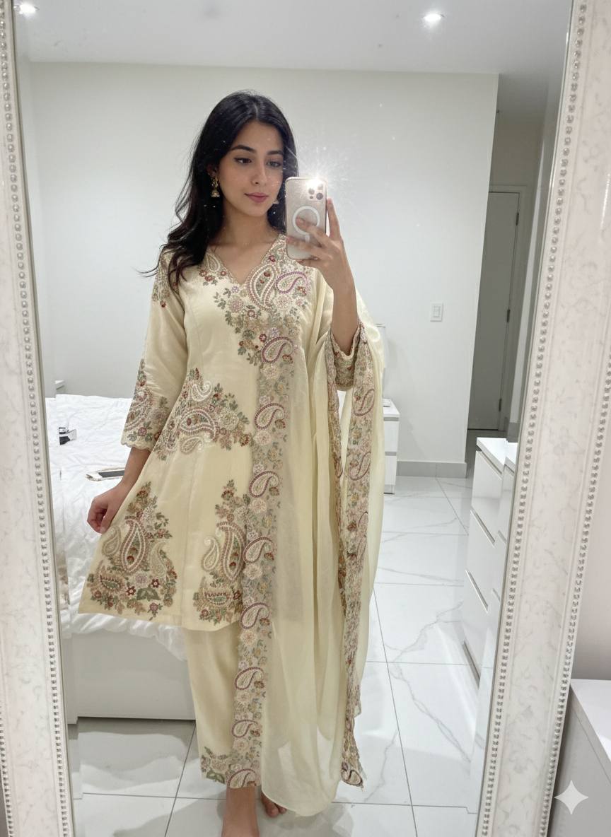 Ivory Cream Fendy Sequins Embroidered Kurti Palazzo Set for Wedding & Festive Wear