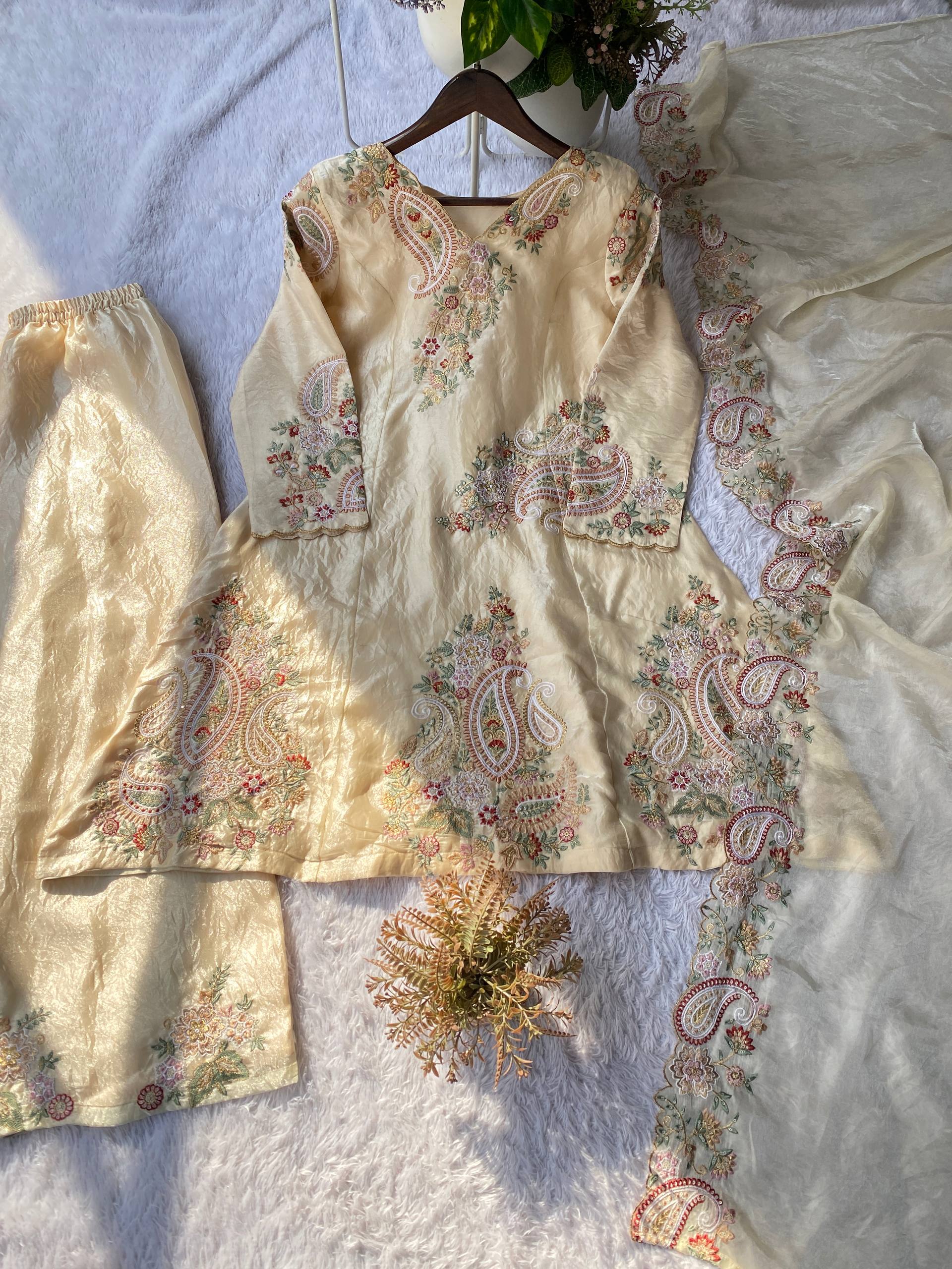 Ivory Cream Fendy Sequins Embroidered Kurti Palazzo Set for Wedding & Festive Wear