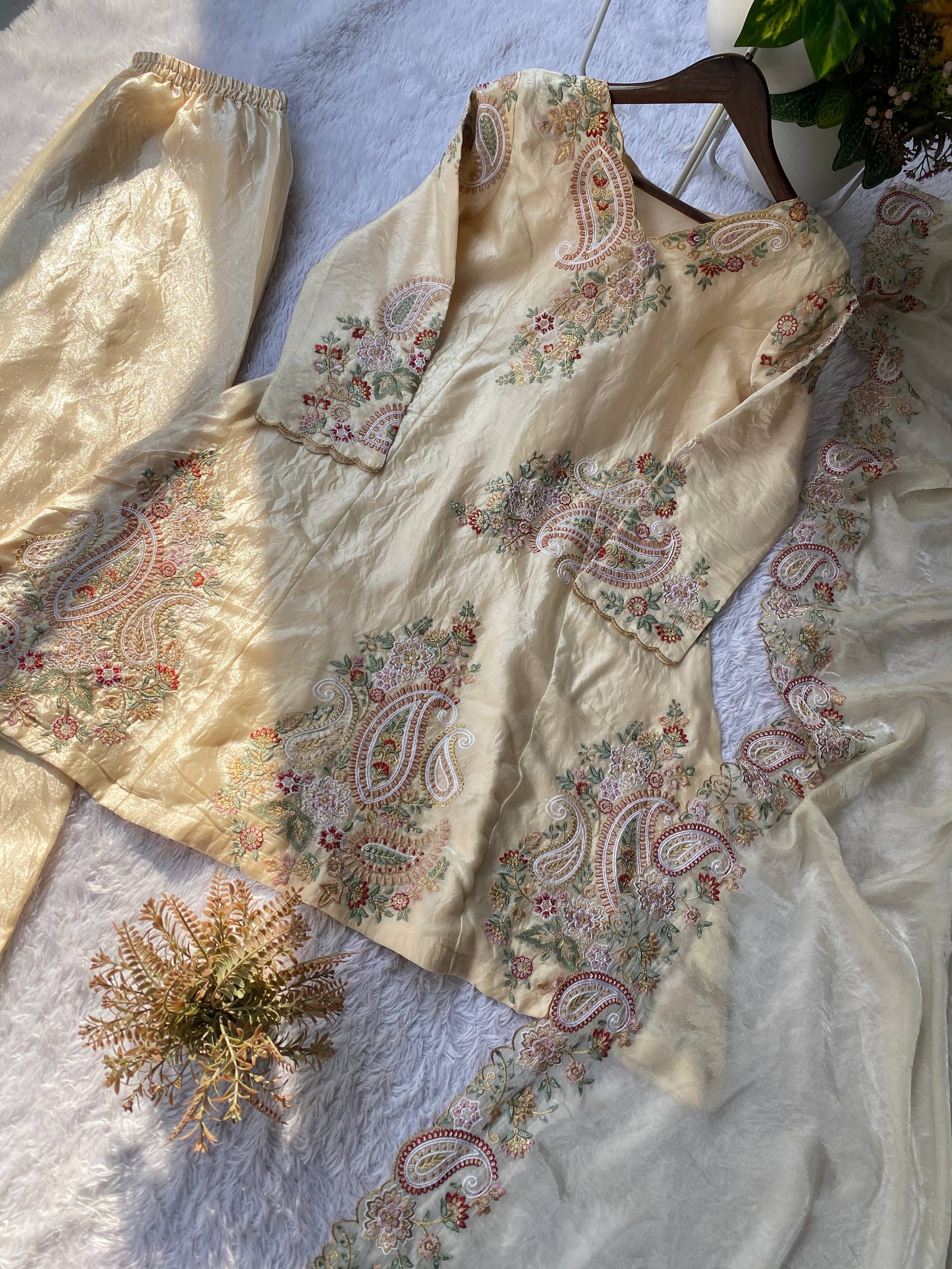 Ivory Cream Fendy Sequins Embroidered Kurti Palazzo Set for Wedding & Festive Wear