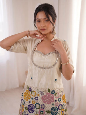 Ivory Cream Tissue Shimmer Silk Co-Ord Set with Real Mirror Work & Multicolor Floral Embroidery