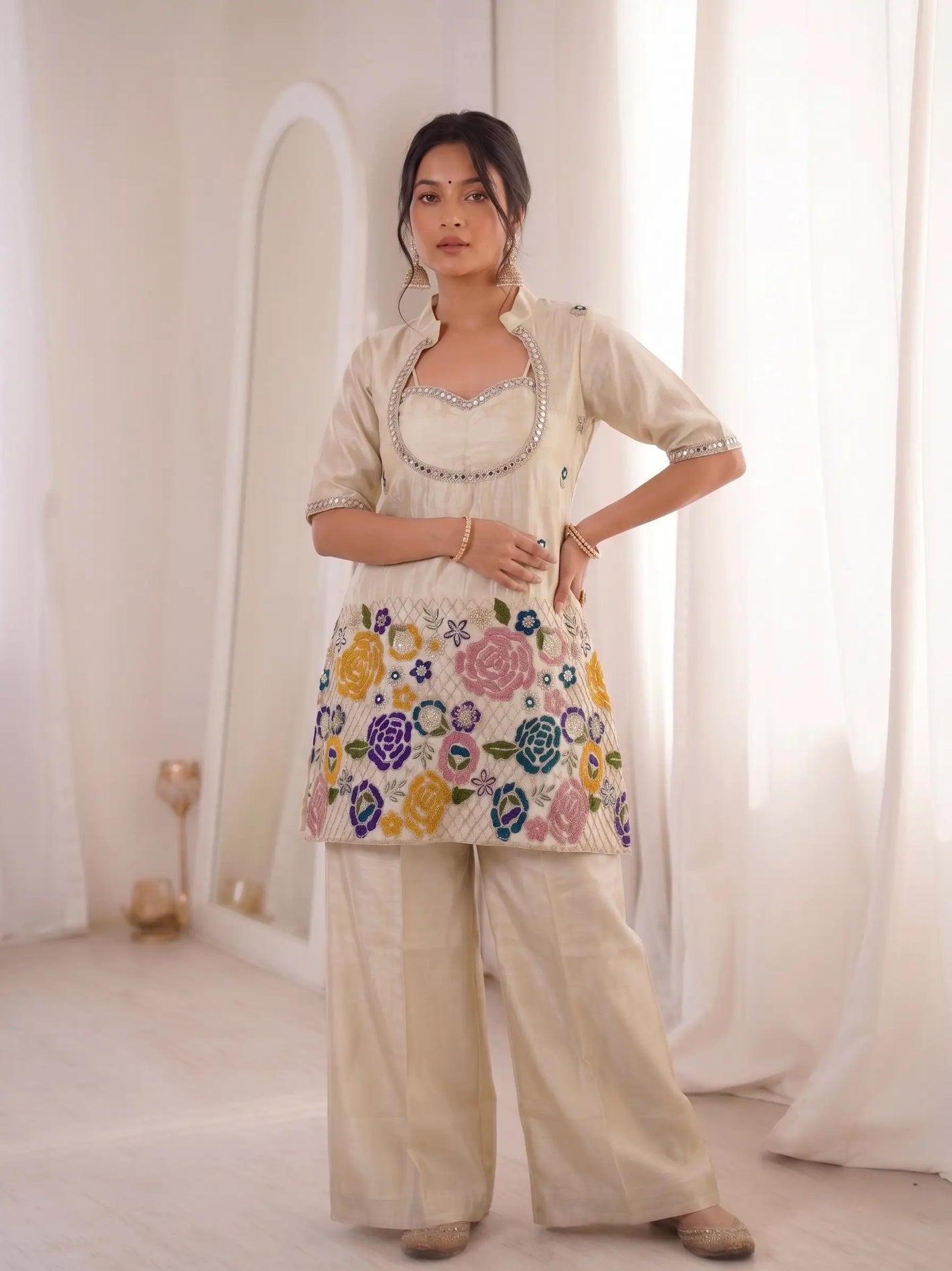 Ivory Cream Tissue Shimmer Silk Co-Ord Set with Real Mirror Work & Multicolor Floral Embroidery