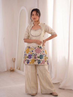 Ivory Cream Tissue Shimmer Silk Co-Ord Set with Real Mirror Work & Multicolor Floral Embroidery