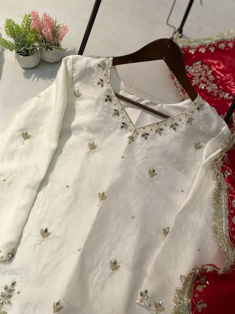 Ivory Fendy Sharara Set with Real Mirror Embroidery & Dupatta