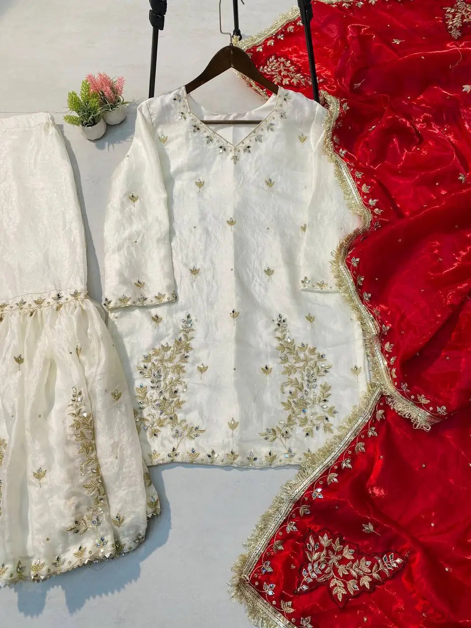 Ivory Fendy Sharara Set with Real Mirror Embroidery & Dupatta