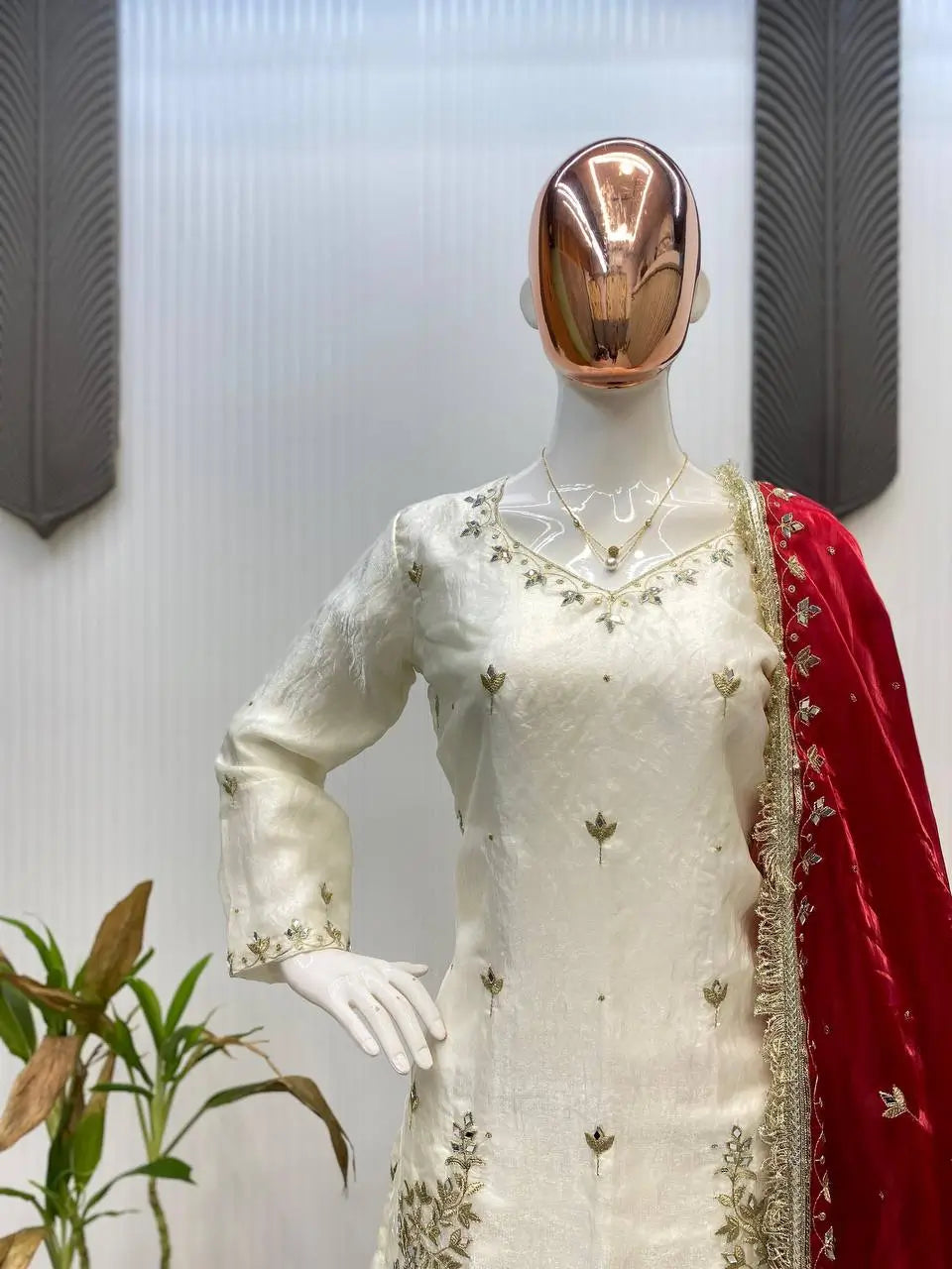 Ivory Fendy Sharara Set with Real Mirror Embroidery & Dupatta