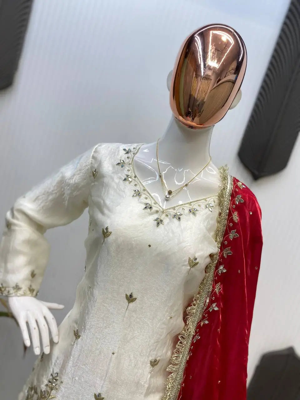 Ivory Fendy Sharara Set with Real Mirror Embroidery & Dupatta