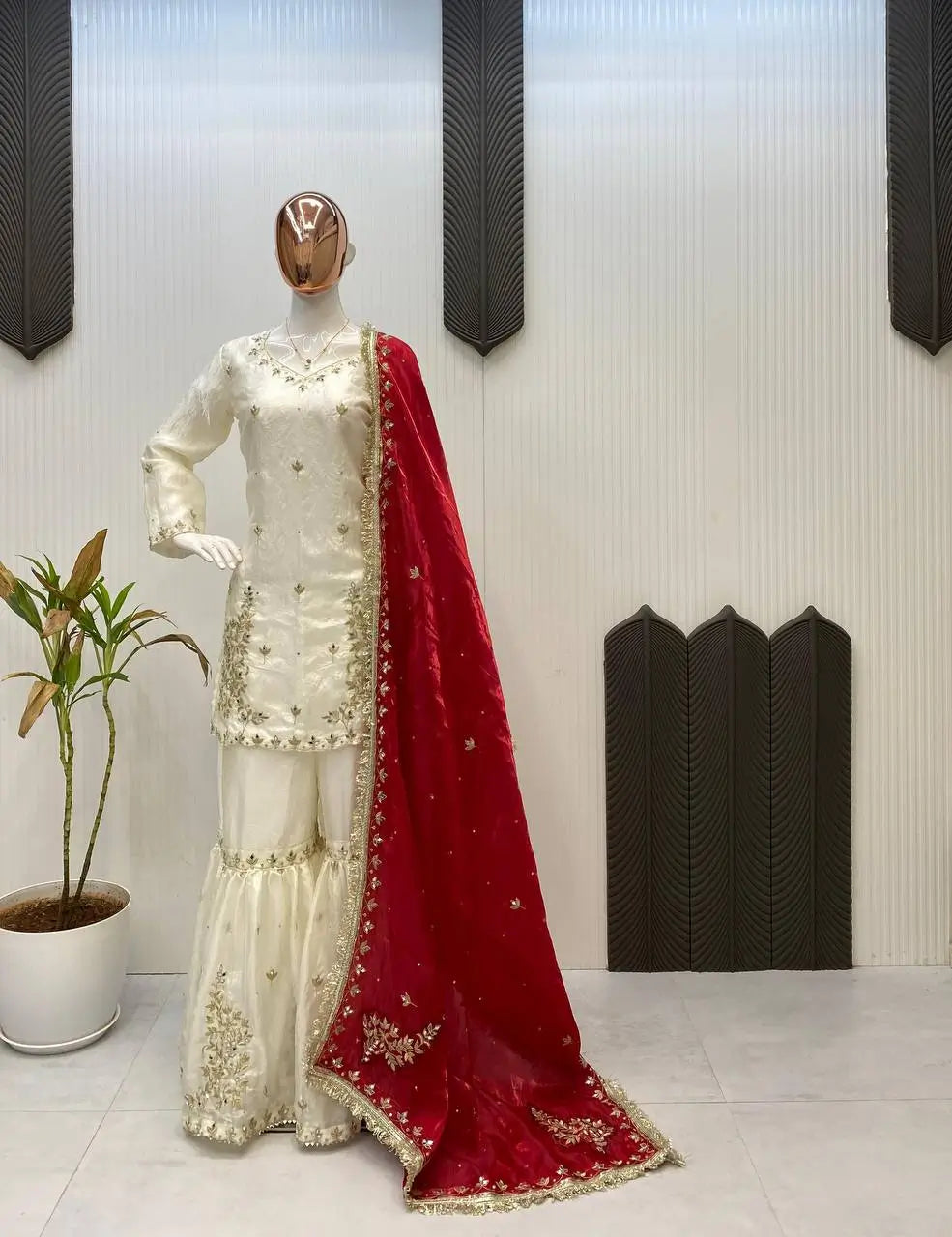 Ivory Fendy Sharara Set with Real Mirror Embroidery & Dupatta