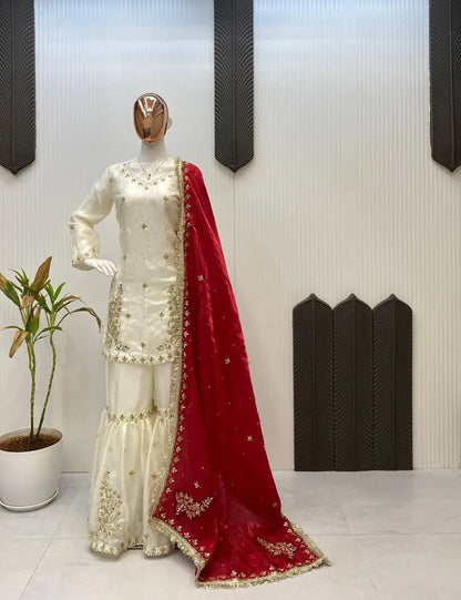Ivory Fendy Sharara Set with Real Mirror Embroidery & Dupatta