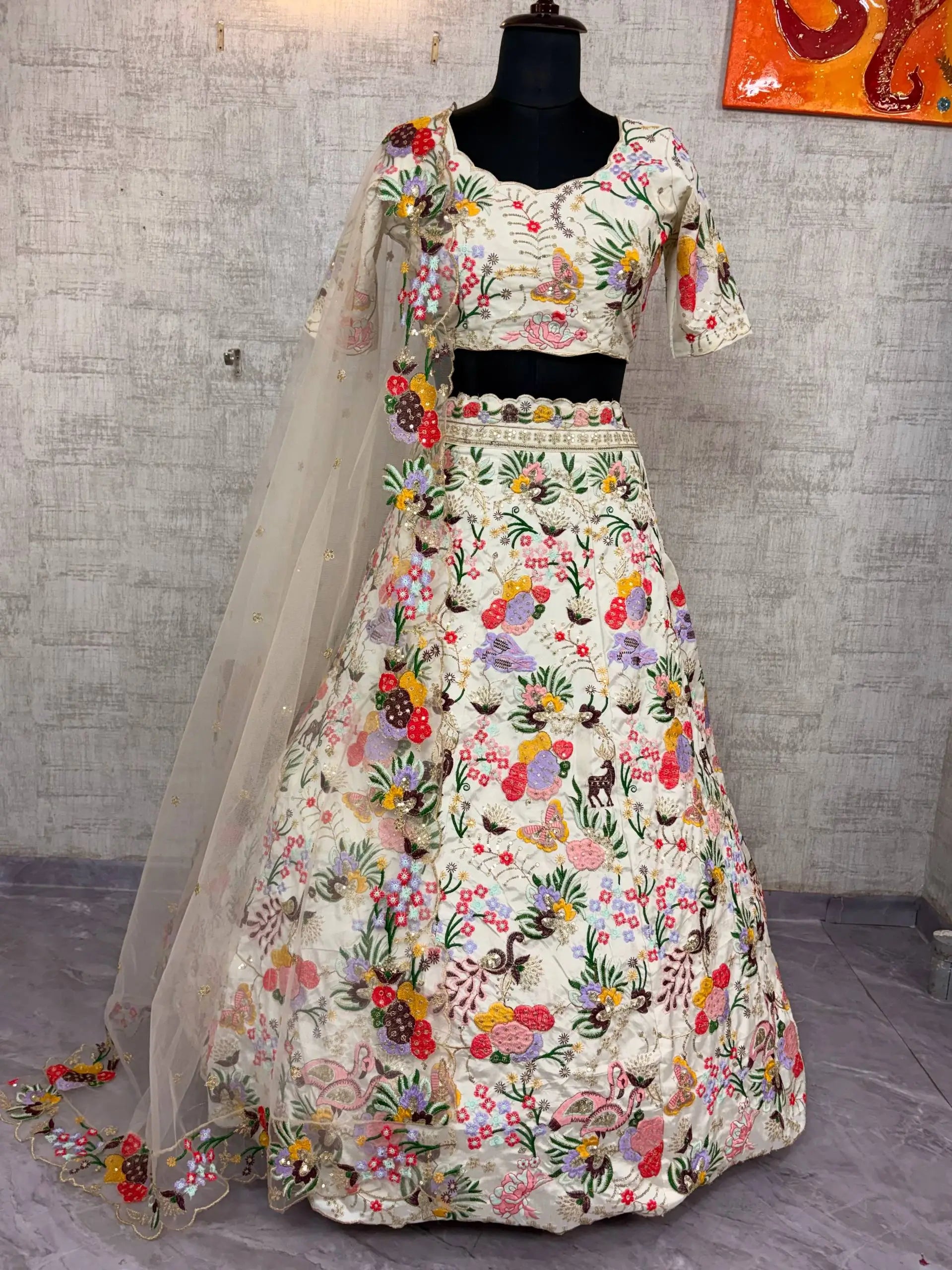 Ivory Floral Embroidered Masti Silk Lehenga Set for Wedding and Festive Occasions