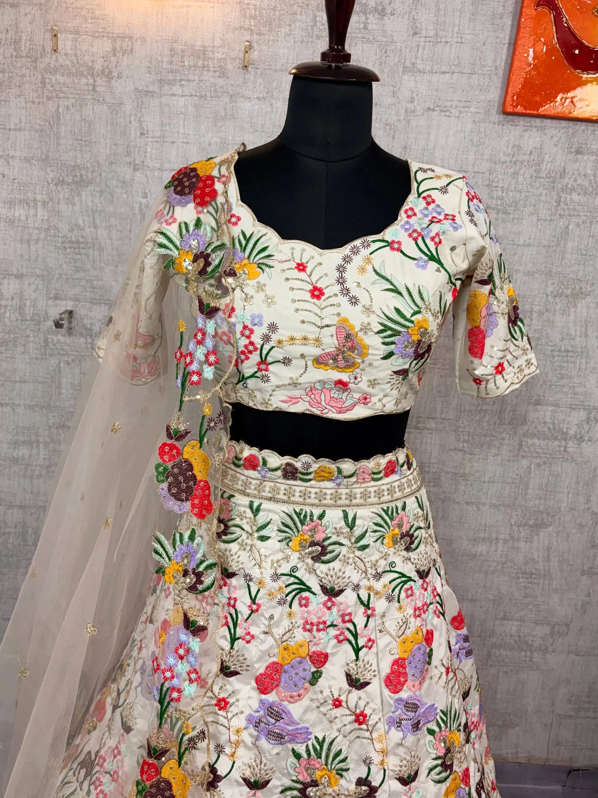Ivory Floral Embroidered Masti Silk Lehenga Set for Wedding and Festive Occasions