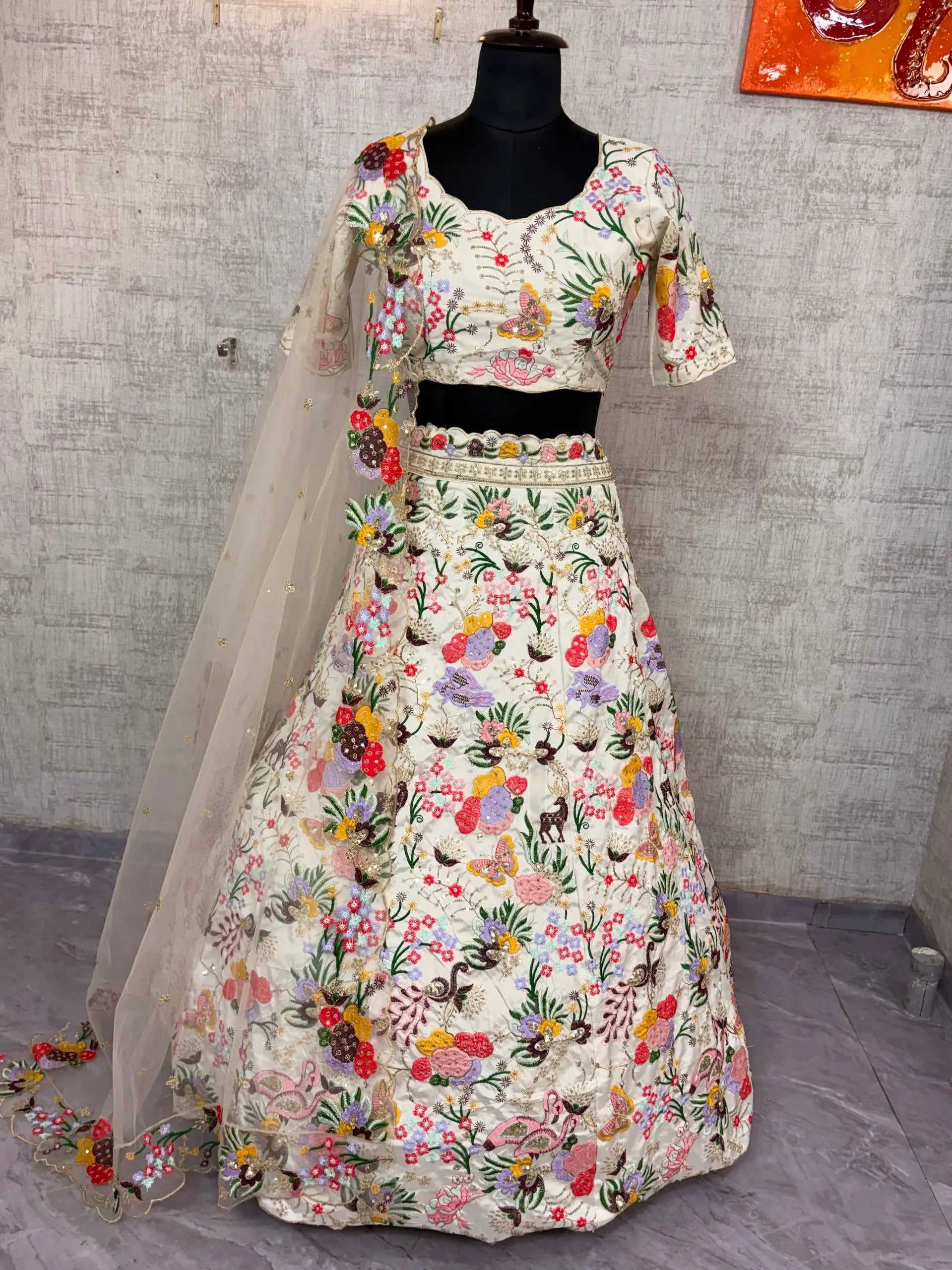 Ivory Floral Embroidered Masti Silk Lehenga Set for Wedding and Festive Occasions