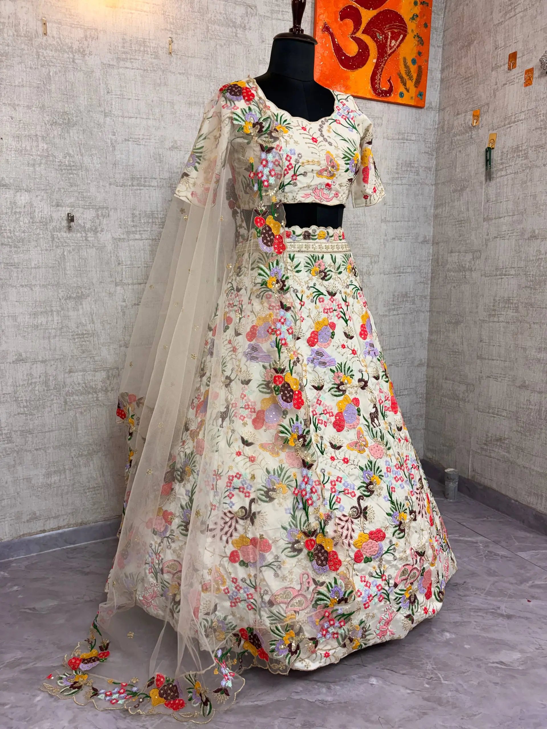 Ivory Floral Embroidered Masti Silk Lehenga Set for Wedding and Festive Occasions