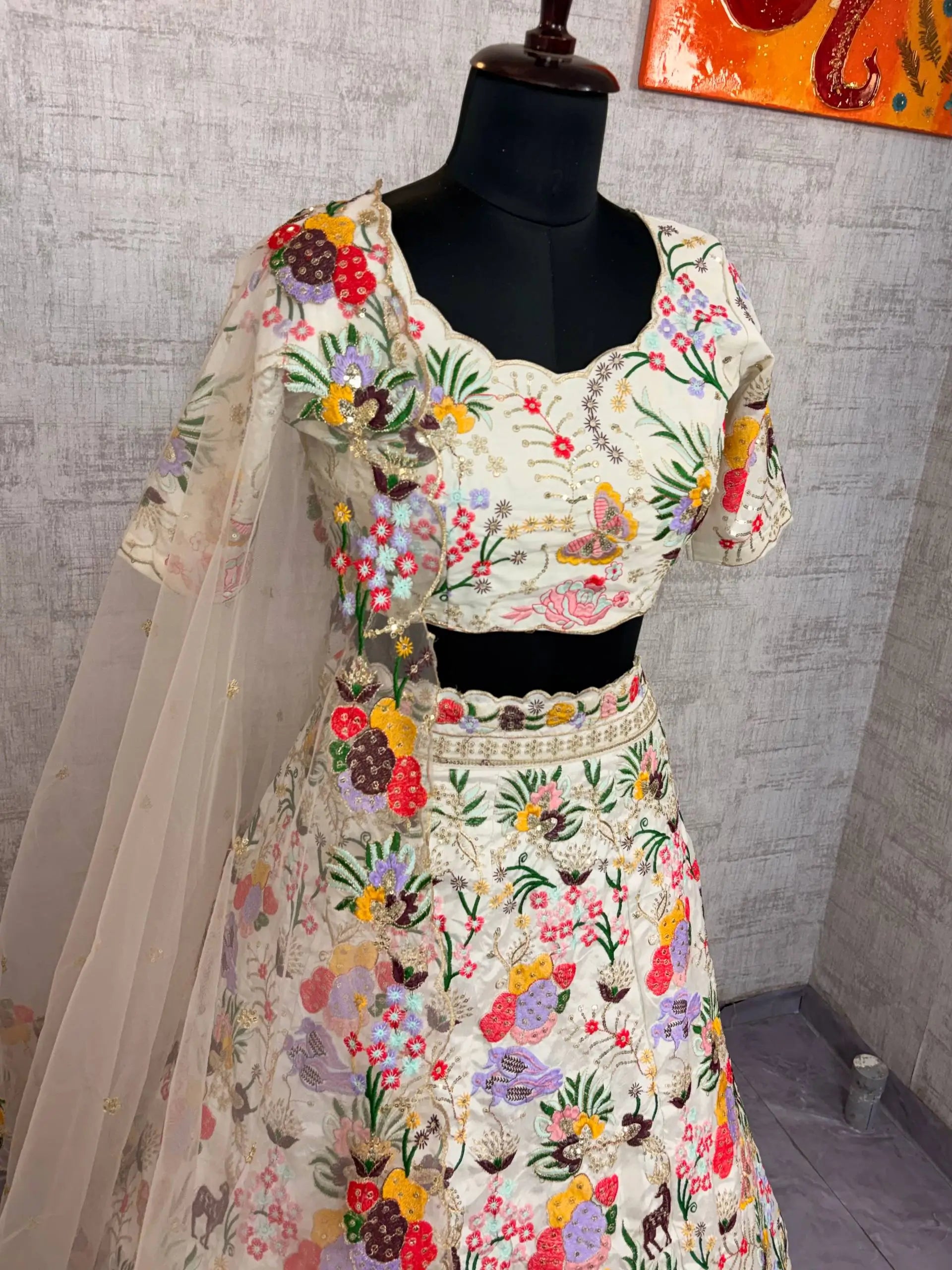 Ivory Floral Embroidered Masti Silk Lehenga Set for Wedding and Festive Occasions