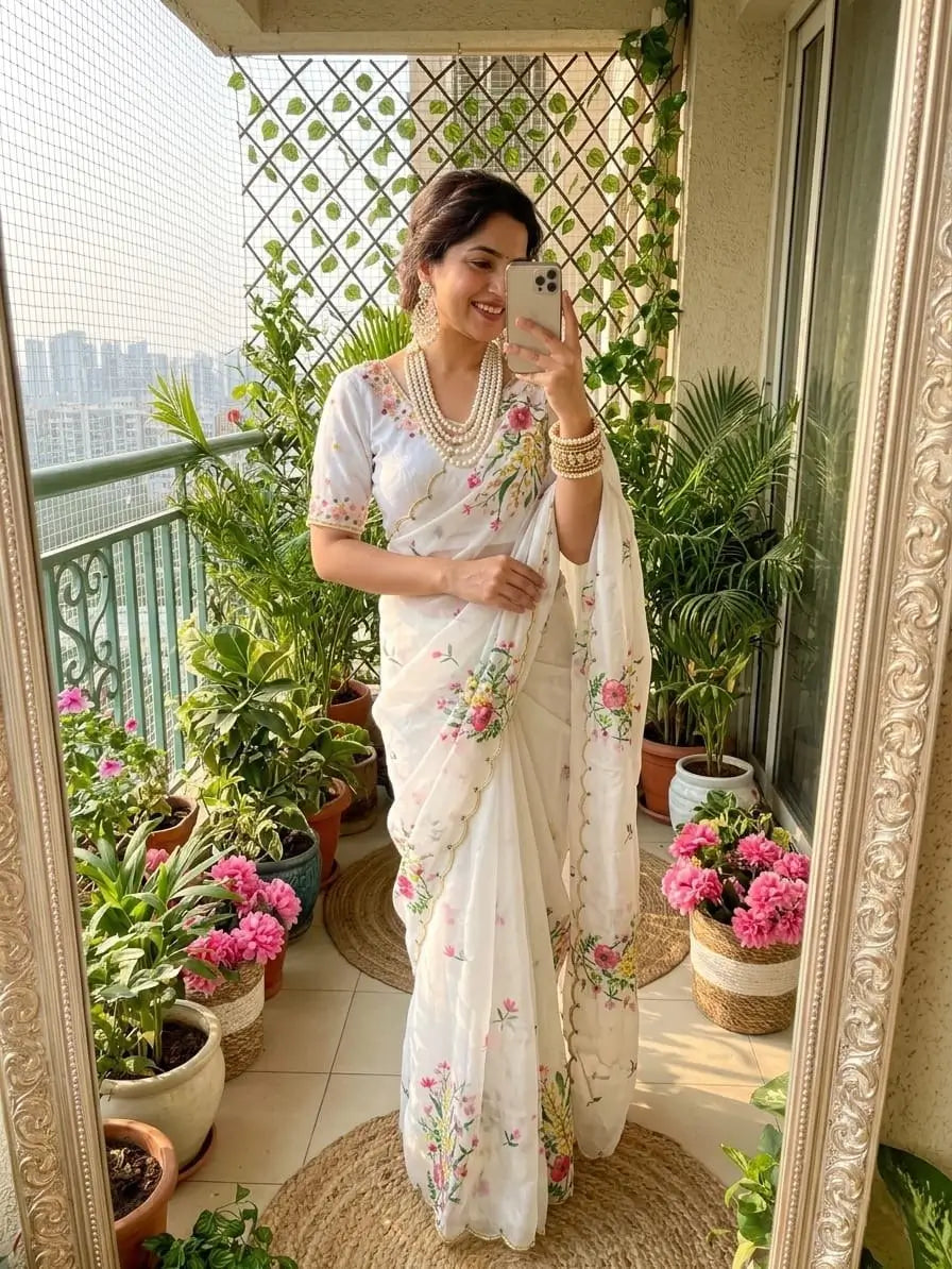Ivory Floral Khatli Saree