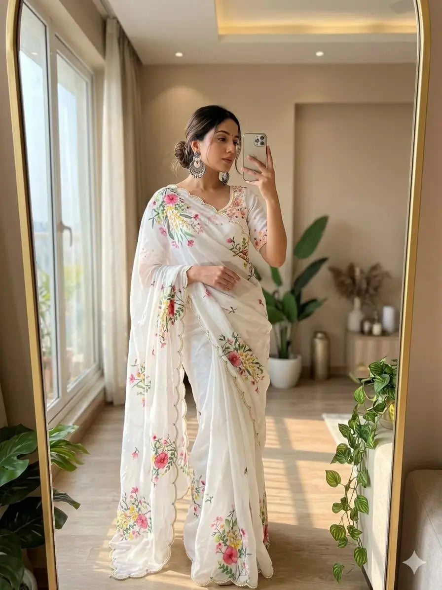 Ivory Floral Khatli Saree