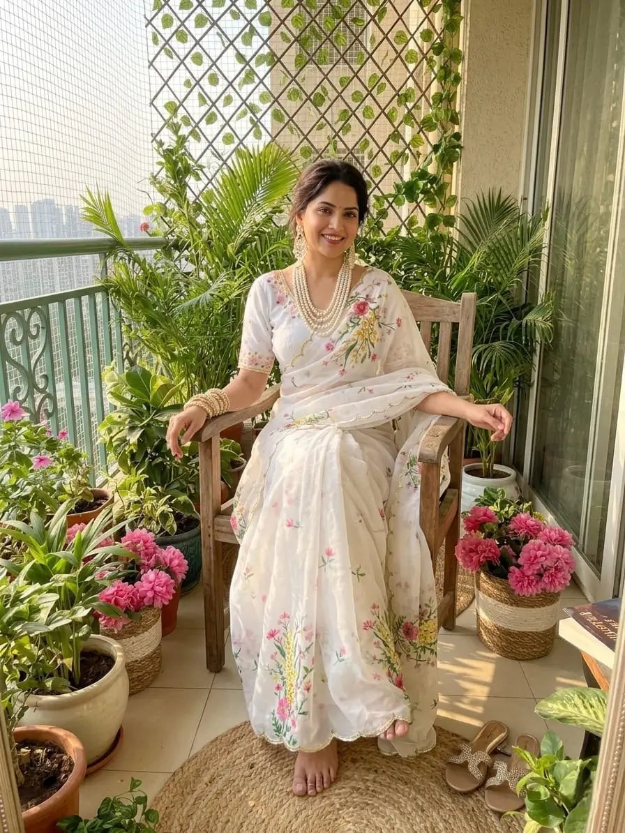 Ivory Floral Khatli Saree