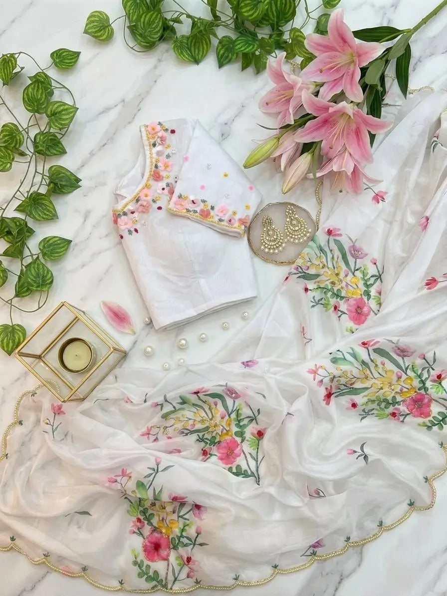 Ivory Floral Khatli Saree
