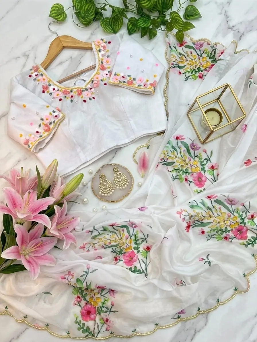 Ivory Floral Khatli Saree